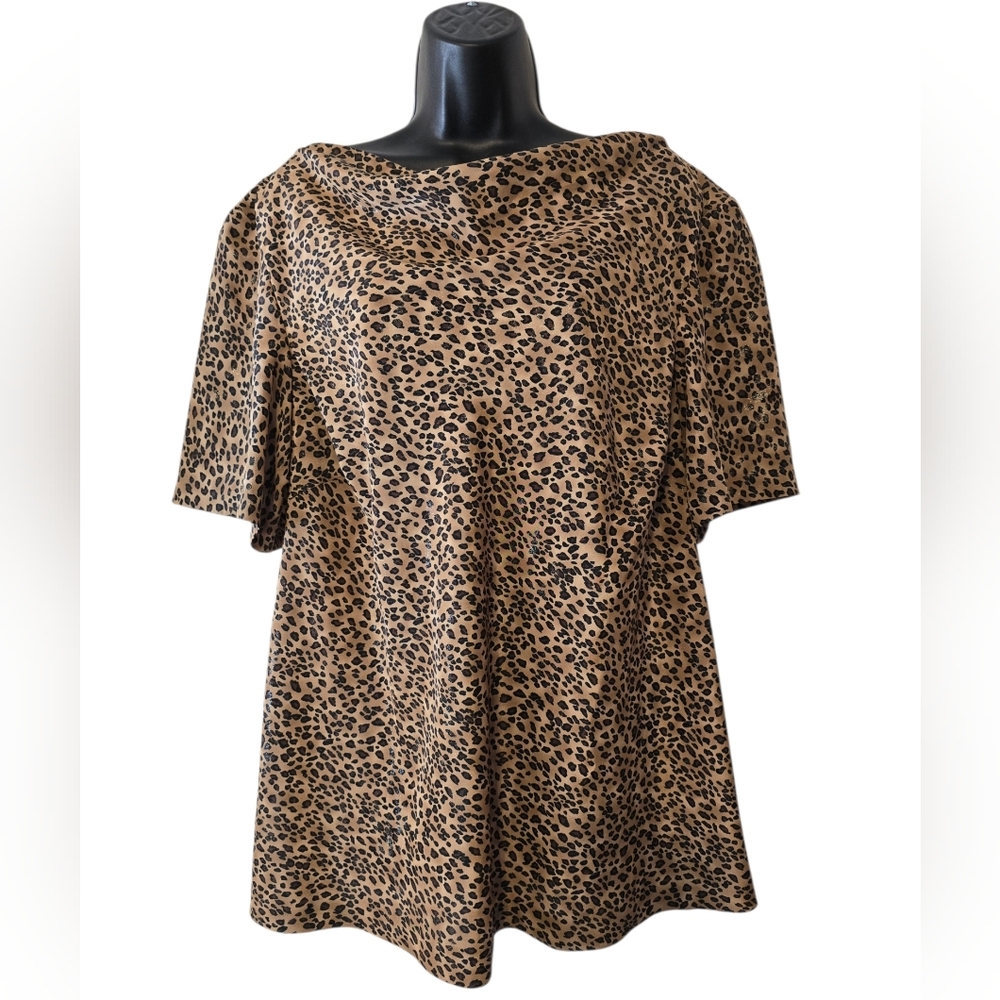 Leslie Fay Tan Leopard Print Blouse Size 16WP Shimmer